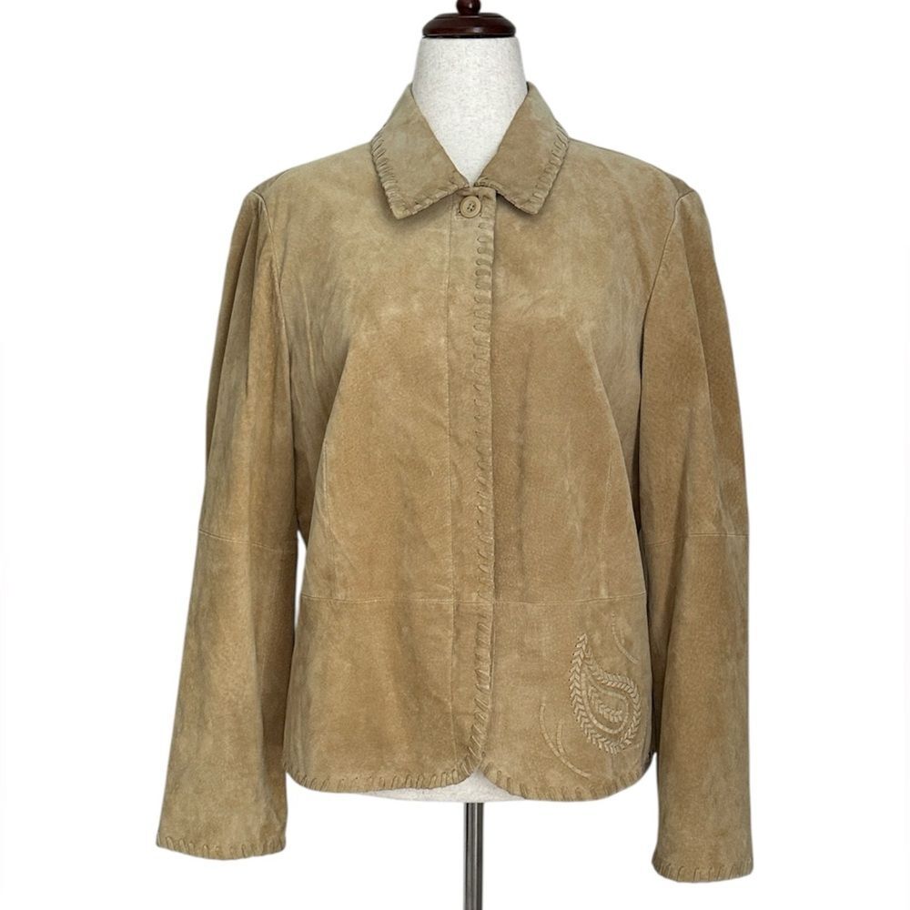 Liz Claiborne LizSport Tan Suede Jacket XL 100% Leather Western Boho Embroidered